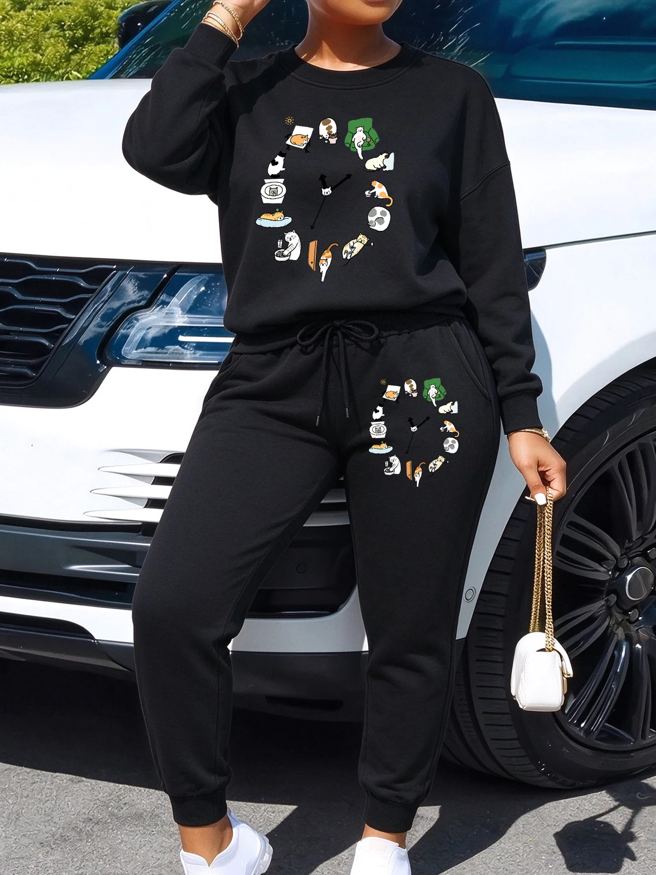 Cute Cat Alarm Clock Prints Women Casual O-Neck Sweatshirt Set Autumn Pocket Sweatpants Fleece All-Match Sportswear Unisex