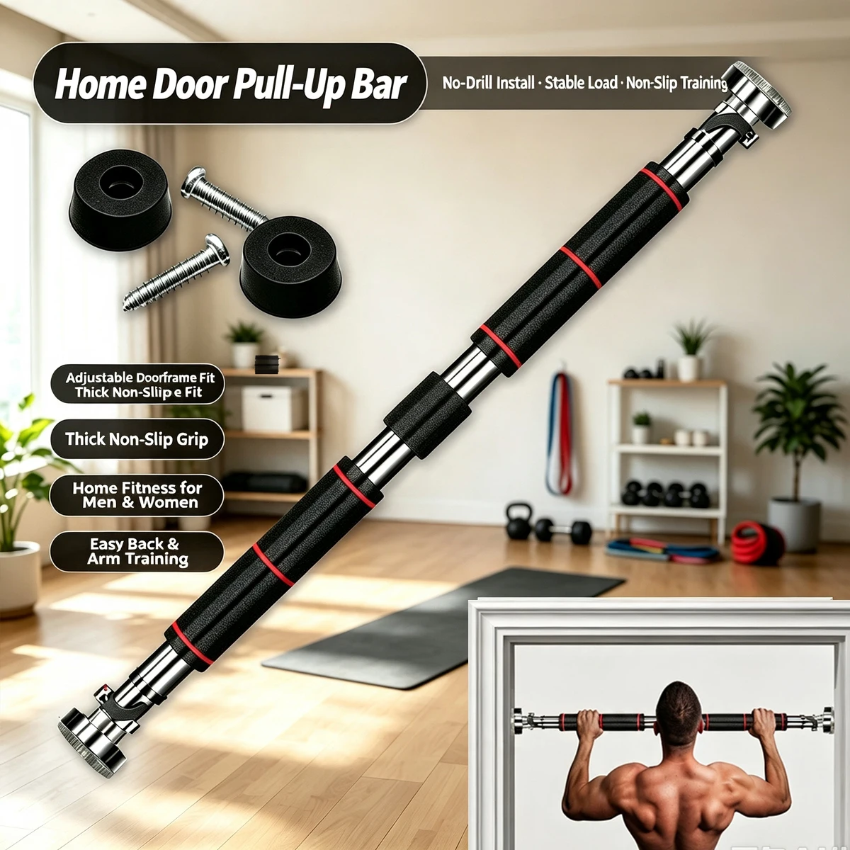 No-Drill Doorway Pull-Up Bar,Pull up Bar for Home Max Load 200KG without Screws Adjustable 80-130 cm Width Locking Mechanism