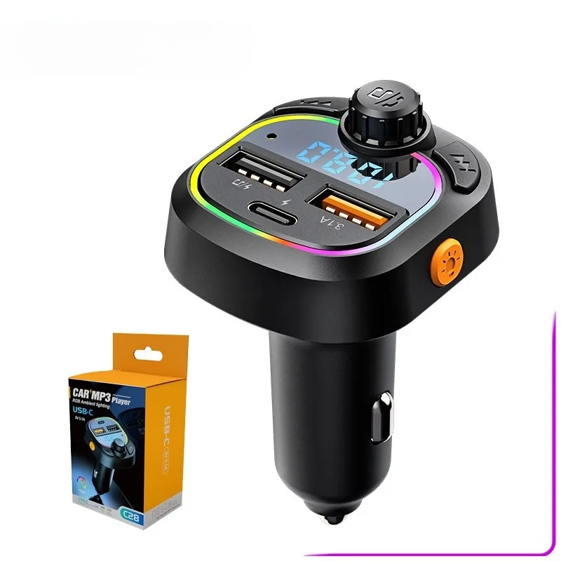 C28 Car Bluetooth Hands-free Fm Transmitter Mp3 Bluetooth Player RGB Colorful Ambient Light 3.1A Standard Version