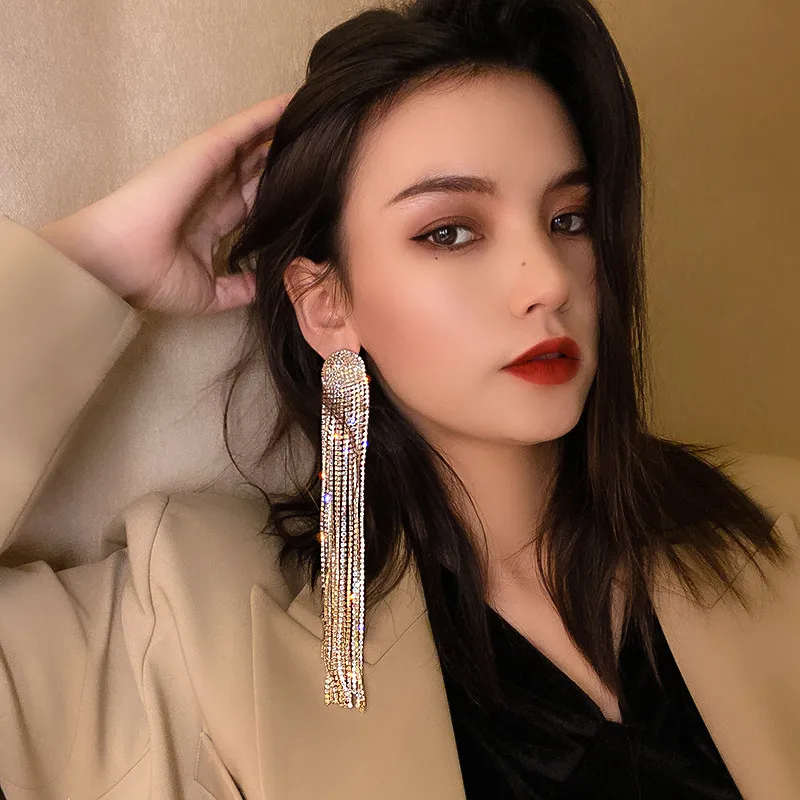 FYUAN Long Tassel Rhinestone Drop Earrings for Women Ovsize Crystal Dangle Earrings Fashion Jewelry