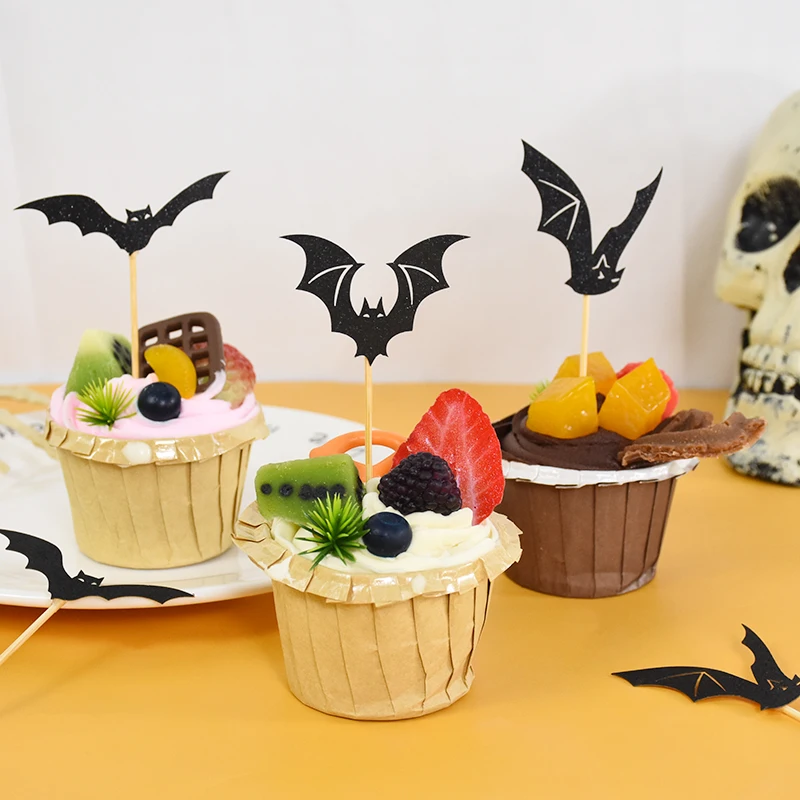12Pcs Black Bat Cake Topper Halloween Cupcake Accessories Halloween Decorations Home Haunted House Festival Party Supplies