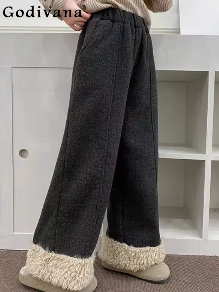 

Large Size Women Autumn Winter Fleece Thickened Integrated Splicing Wool Pants High Waist Loose Elastic Waist Wide-leg Pants