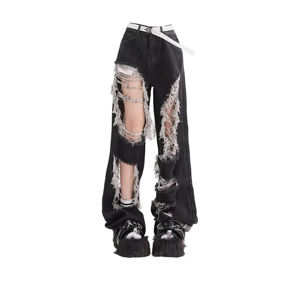 

Black Straight Leg Fringed Ripped Jeans Women's High Waisted Loose Wide Leg Pants 2024 New Fashionable Hotsweet Casual Pants