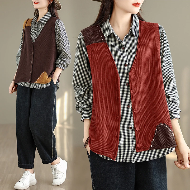 봄 가을 니트 스웨터 베스트 여성용 아우터웨어 다용도 레이어링 루즈핏 레트로 디자인 싱글 버튼 클로저