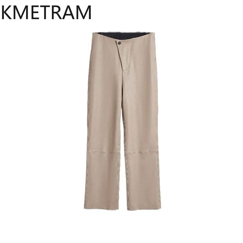 KMETRAM Stretch Sheepskin Genuine Leather Pants Baggy One Button Cropped Straight Trousers Autumn Winter Pants for Woman Slim 바지