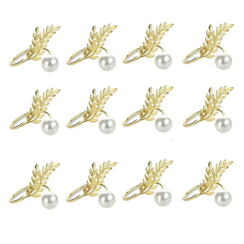 ABJI-Metal Gold Napkin Ring Set Of 12- Wheat Ear Pearl Shaped, Ideal For Family Dinners, Weddings, Parties