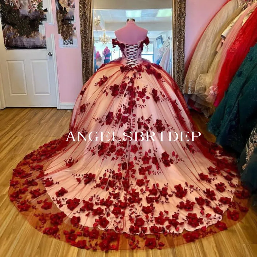 Angelsbridep-Vestido De baile rojo para quinceañera, Vestido con hombros descubiertos, flores 3D, Princesa, 15 años, 16 vestidos De Gala, 2023