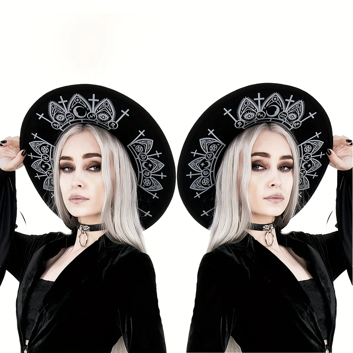 Creative Vintage Fashion Halloween Dark Theme Unisex Gothic Felt Fedoras Black Nugoth Witchy Wide Stiff Flat Brim Witch Hats