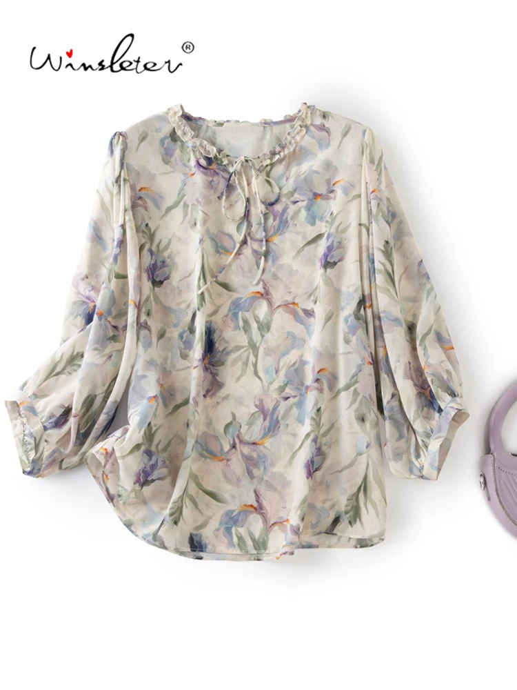 Winsleter-8MM 100%Silk Elegant T-Shirt, O Neck 3/4 Sleeve Print, Women French Commute Sunscreen Thin Top, 2026 Summer T66949CC