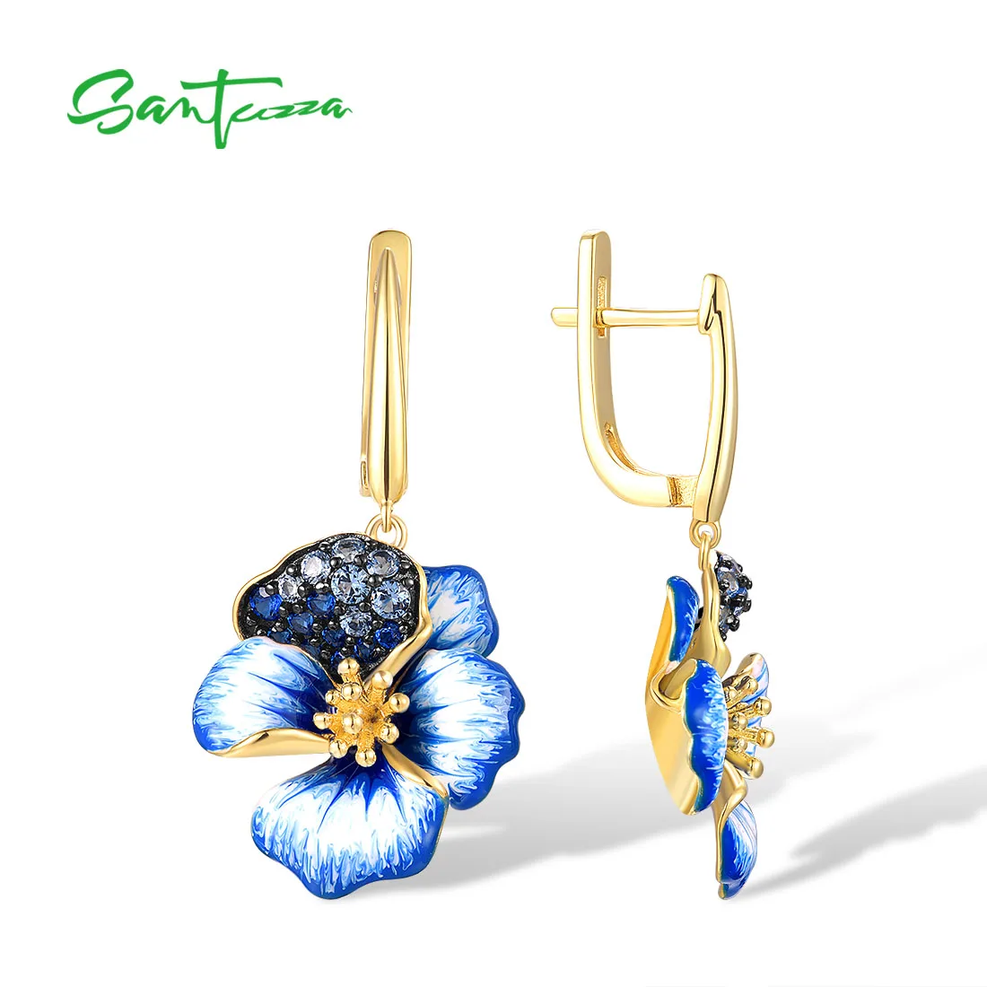 SANTUZZA Real 925 Sterling Silver Earrings For Women Sparkling Blue Spinel Gold Plated Enamel Flower Dangling Fine Chic Jewelry