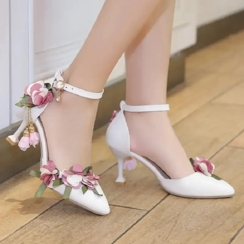 New Style Single Shoes Female Shoes Summer Sandals Flower Pearl Sweet Princess High Heels Lolita Female Shoes