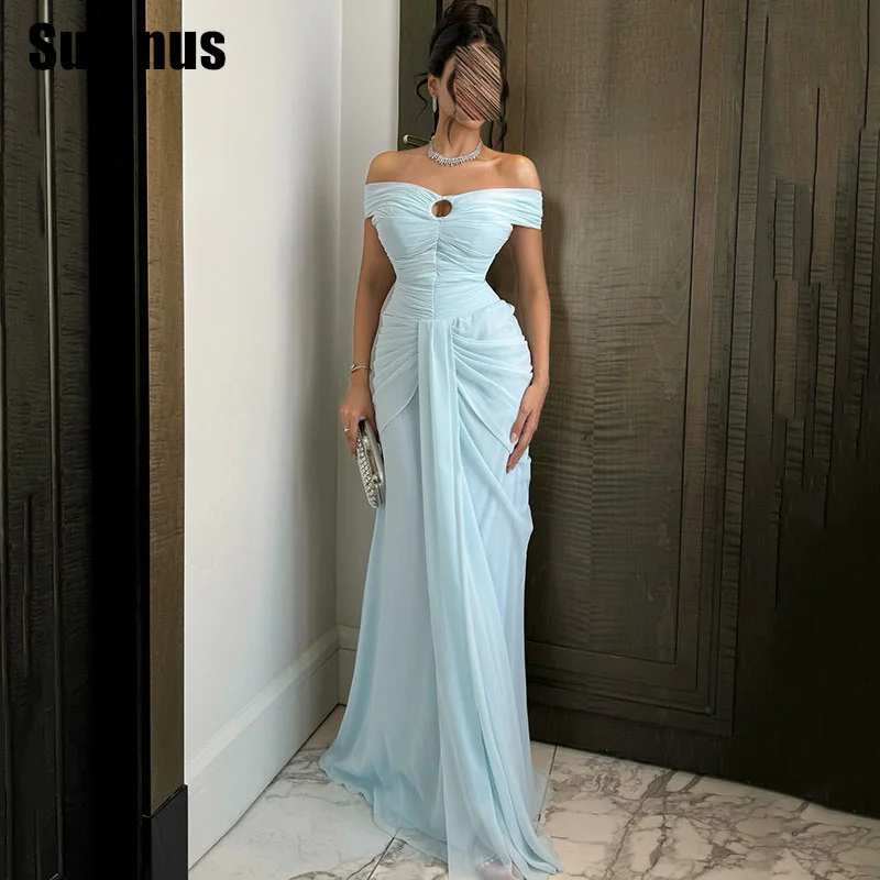 

Sumnus Элегантные небесно-голубые вечерние платья русалки со складками и открытыми плечами Платья для торжественных случаев فساتين سهرة по индивидуальному заказу