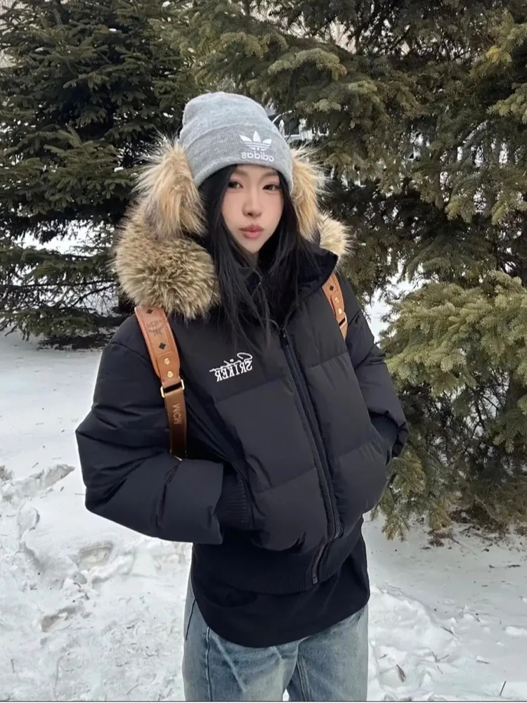 

Slimming Effect Bla ort Puffer Jaet with Large Fur Collar Hooded down Cotton Coat for Women Winter 2025 New Sle Warm ...