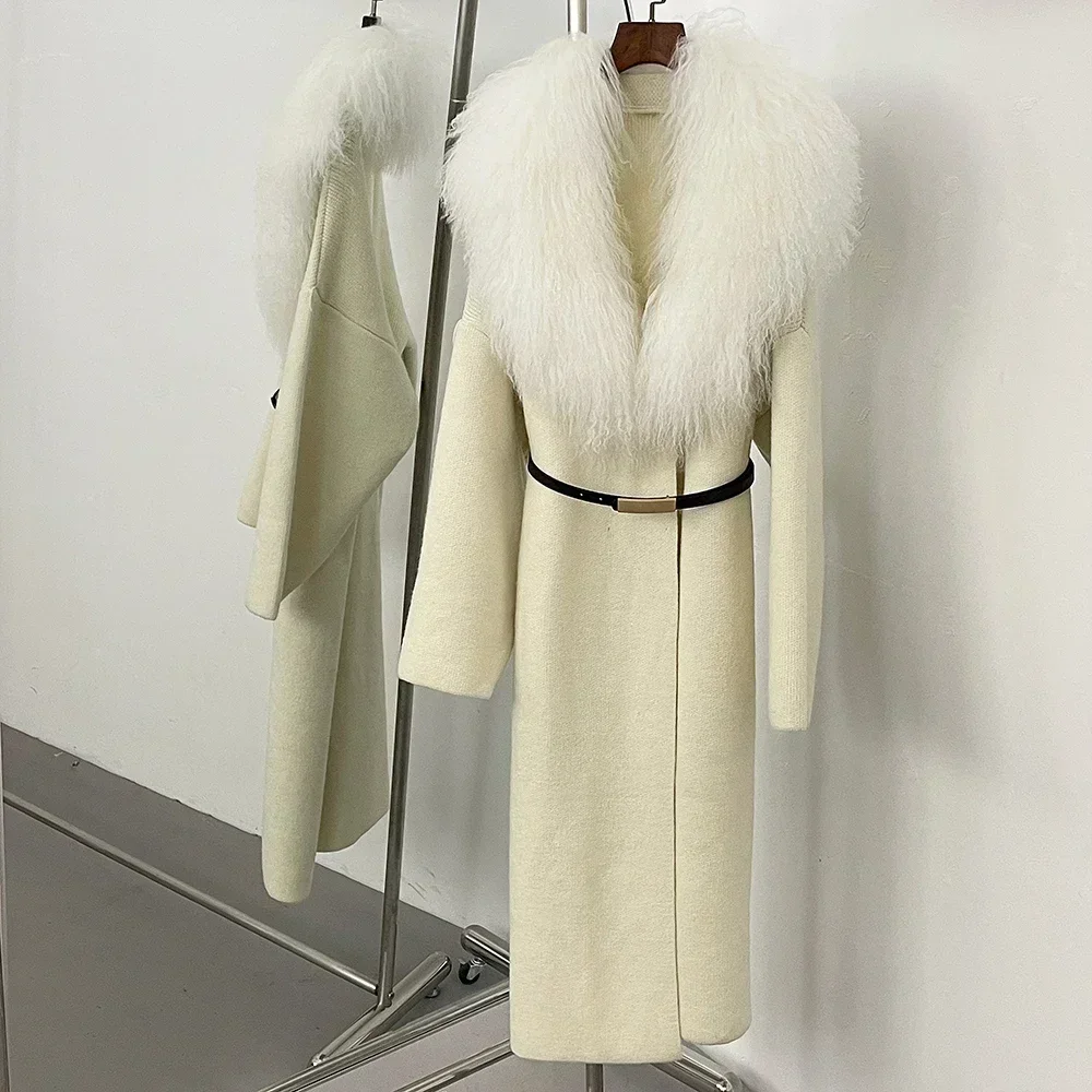 Pull Long tricoté avec ceinture pour femme, vêtement avec col en vraie fourrure de mouton de mongolie, Cardigan tricoté, printemps-automne