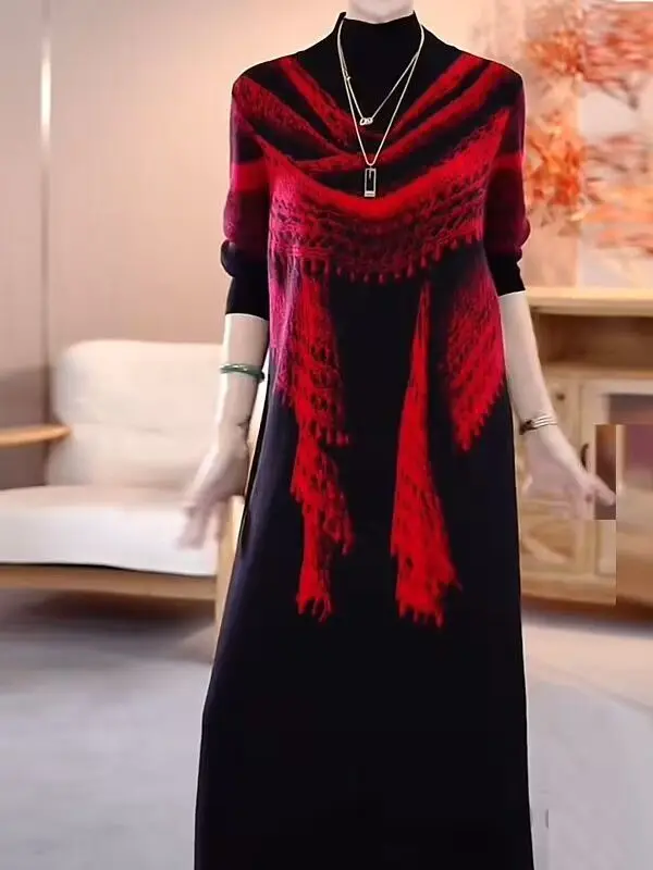 

Elegant Long Dress For Women With Gradient Red Pattern And Draped Design Autumn Winter Wear Chinese Style Loose Fit Turtleneck T