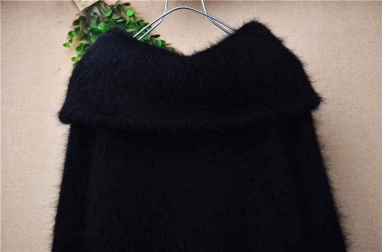Heavy Thick Women  Winter Clothing Mink Cashmere Knitted Black Off-shoulder Lantern Sleeves Loose Pullover Sweater Jumper