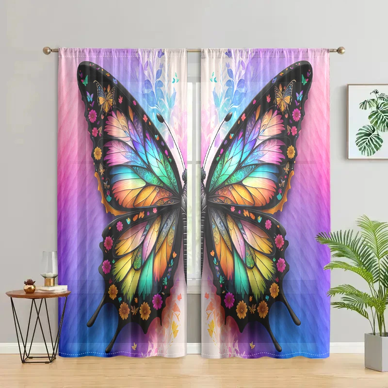 2 pieces, multi-color butterfly printed curtains - semi transparent - suitable for living room, bedroom, kitchen, home decoratio