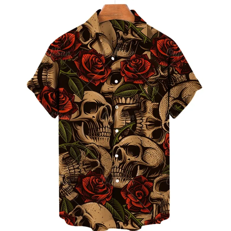 

Men's Shirt Street Trend Harajuku Fashion Skull Halloween Print Lapel Top Hip Hop Punk Style Oversized Shirt Casual Short Sleeve