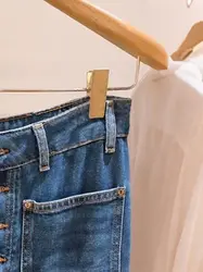 Autumn 2024 Women Blue Jeans Single Breasted High Waist Straight Casual Female Denim Long Flare Pants with Pockets