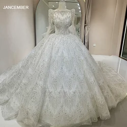 Exquisite Customized Sequined Bride Dress Elegant O-Neck Long Sleeves Chapel Train Ball Gowns Wedding Dress vestidos de novia