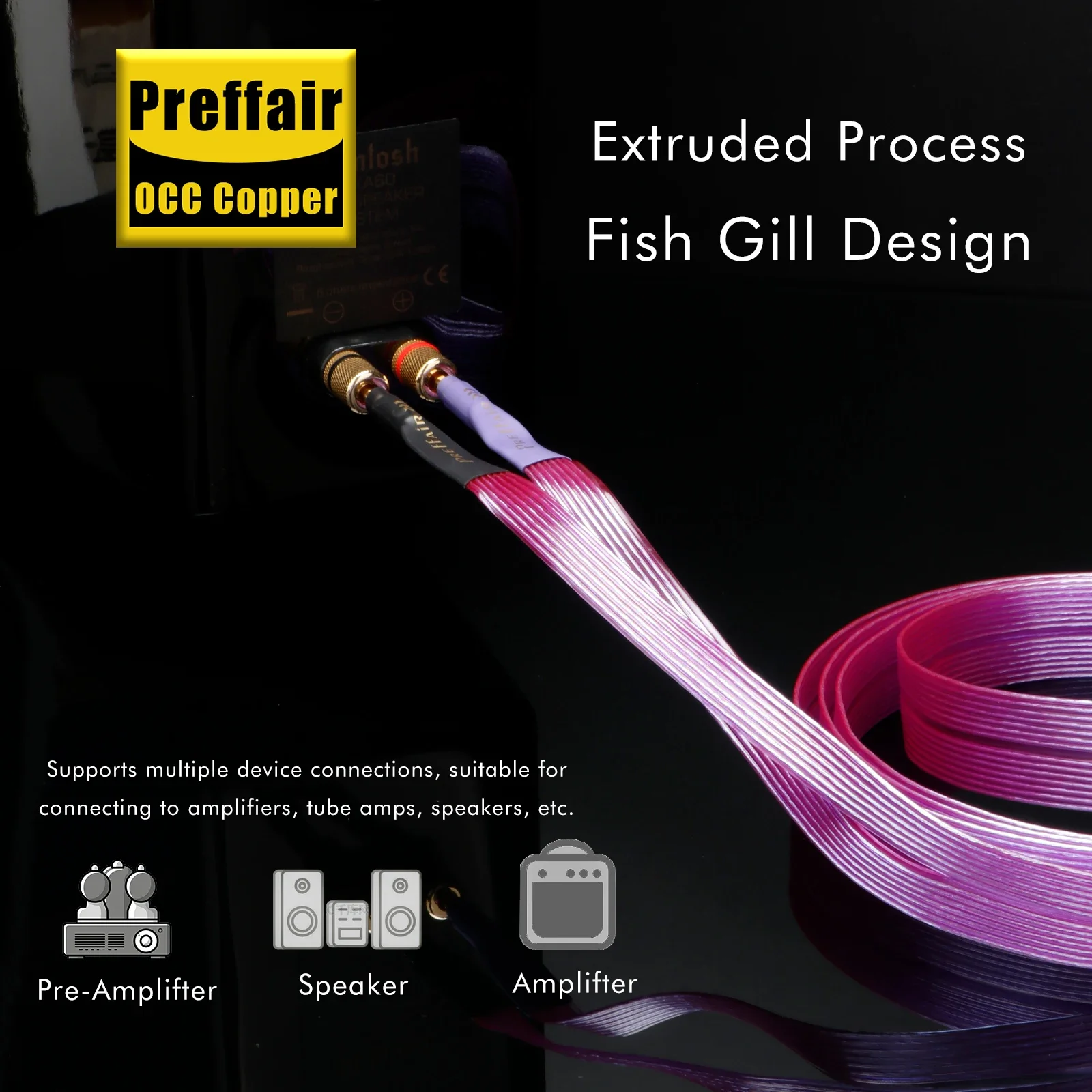 

HiFi OCC Speaker Cable Purple Phoenix flat Belt structure Cable Banana Y Plugs Cable for Speaker Amplifier High fidelity sound