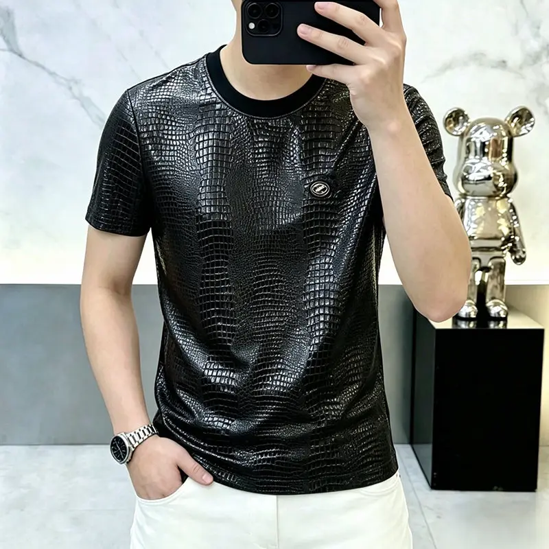 Glossy Surface Black T Shirt For Men Short Sleeve Trendy Casual Summer Quality Soft Comfortable Coolness Tee Camisetas De Hombre