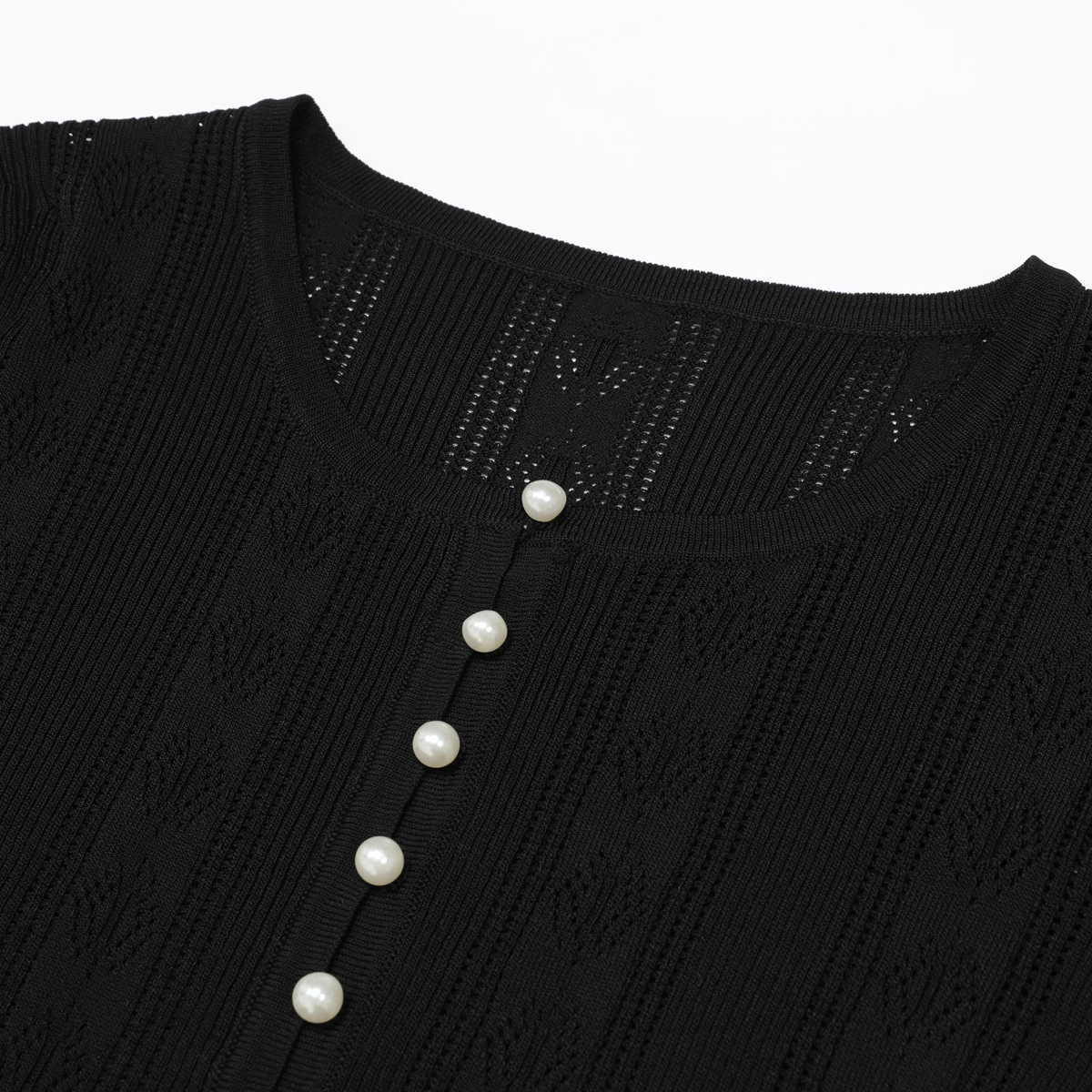 26131 High Version Summer New Versatile Elastic Knitted Button Short Sleeved Top Cardigan+slim Cut Hollow Half Skirt Women's Set