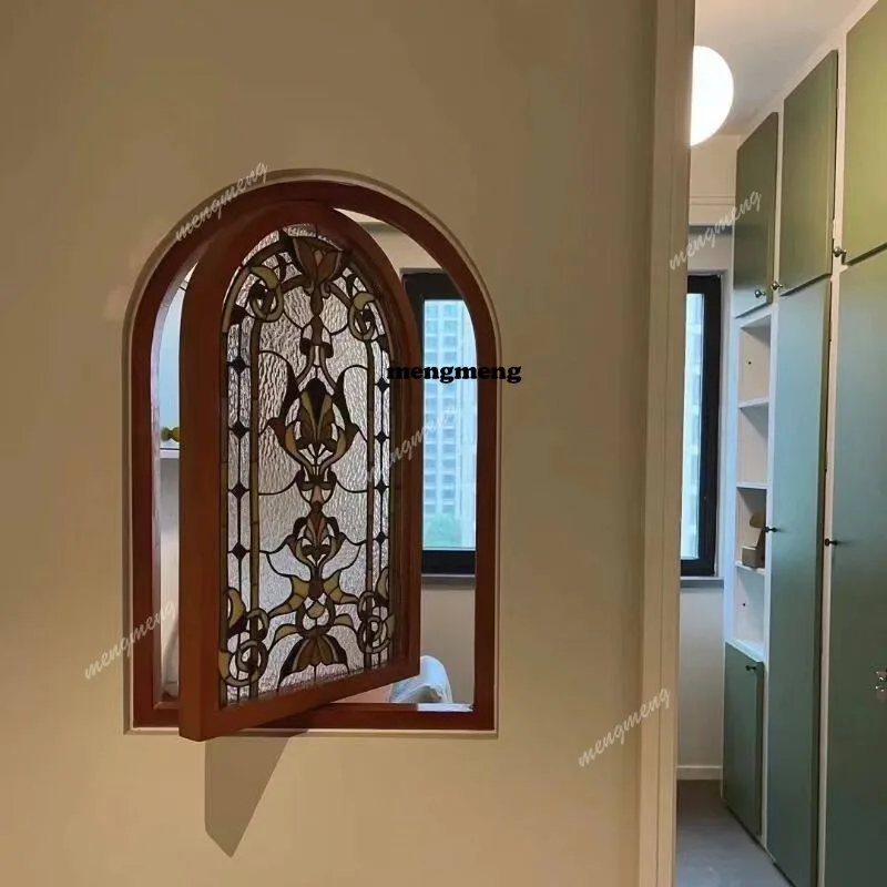 Customizable French center axis rotating window colored Tiffany art glass tempered arched glass door entrance screen