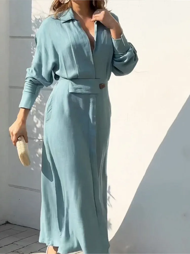 Fashion Shirt Dress For Women Luxury Elegant Solid Color Dress 2024 Spring Party Slip Pocket Long Sleeve Irregular Dresses Blue