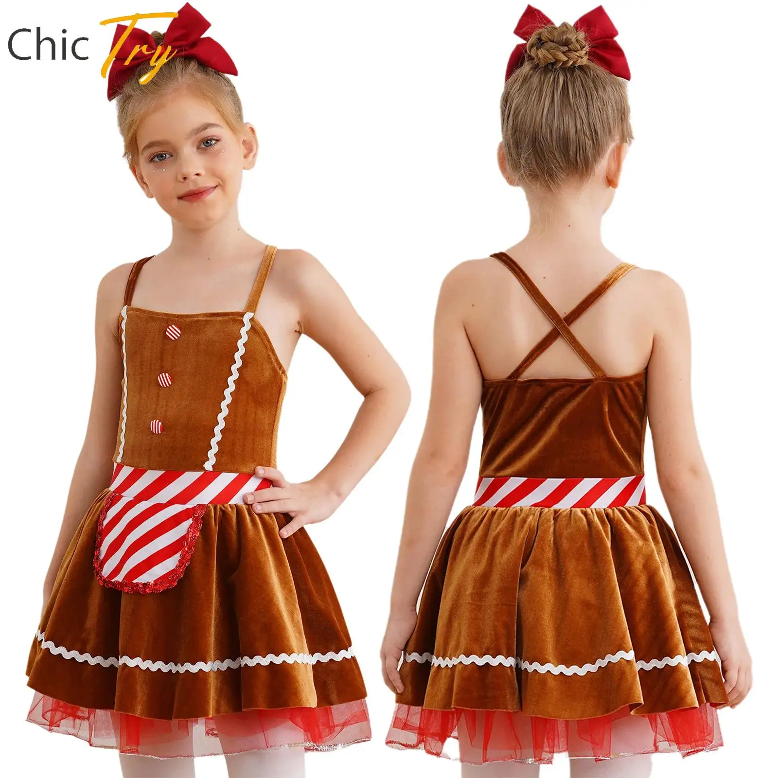 Brown Girls Christmas Gingerbread Man Cosplay Dresses Costume Christmas Santa Dance Dress Ballet Tutu Dress Cami Dress Dancewear