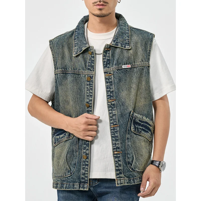 High-end American casual denim jacket men's high street tide retro loose large pockets vest large size undershirts