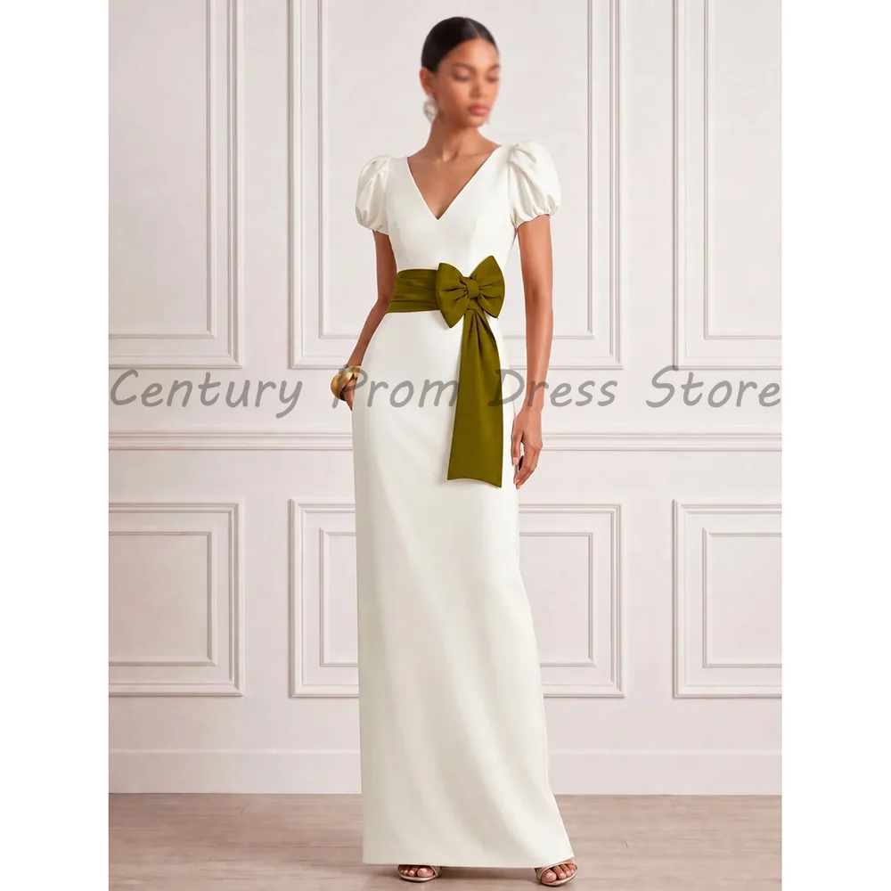 White V‑Neck Evening Dress Puff Short Sleeves Olive Green Contrast Waist Bow Sash Floor‑Length Wedding Guest Formal Gown