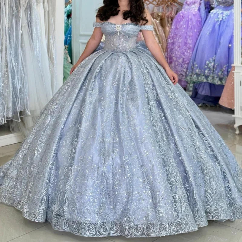 

Silvery Shiny Princess Quinceanera Dresses Off Shoulder Beads Sequin Applique Lace Bow Tull Sweet 16 Dress Ball Gown Vestidos 15