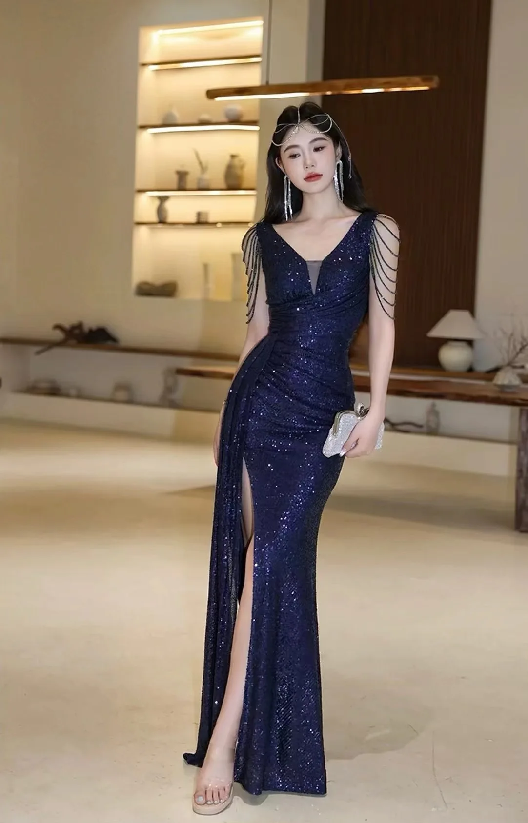 

Double Vneck Evening Dress Navy Blue Beadings Split Sexy Mermaid Dancy Party Gown Gorgeous Women Occasion Dresses