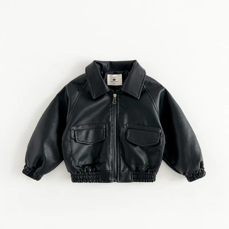 

Spring and Autumn Boys' Leather Jacket Fashion New Style Children's Collar Casual Coat Versatile Clothing