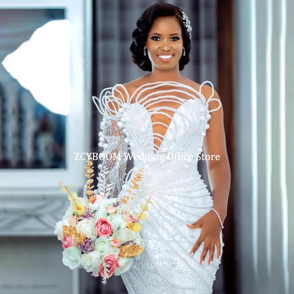 Luksusowe białe suknie ślubne 2 w 1 w stylu syreny z odpinanym trenem, zdobione perłami i koralikami, satynowe suknie ślubne z długimi rękawami dla kobiet, kolekcja 2025.