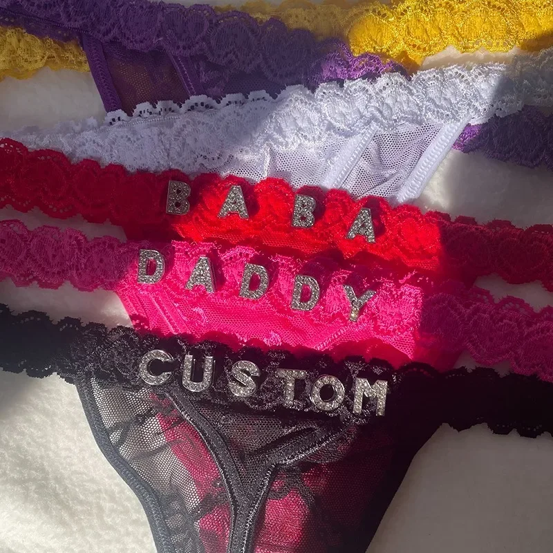 

Custom Underwear Crystal Letters Personalised Thong Waist Jewelry Sexy Women Lace Bikini G-String Panty Girlfriend Birthday Gift