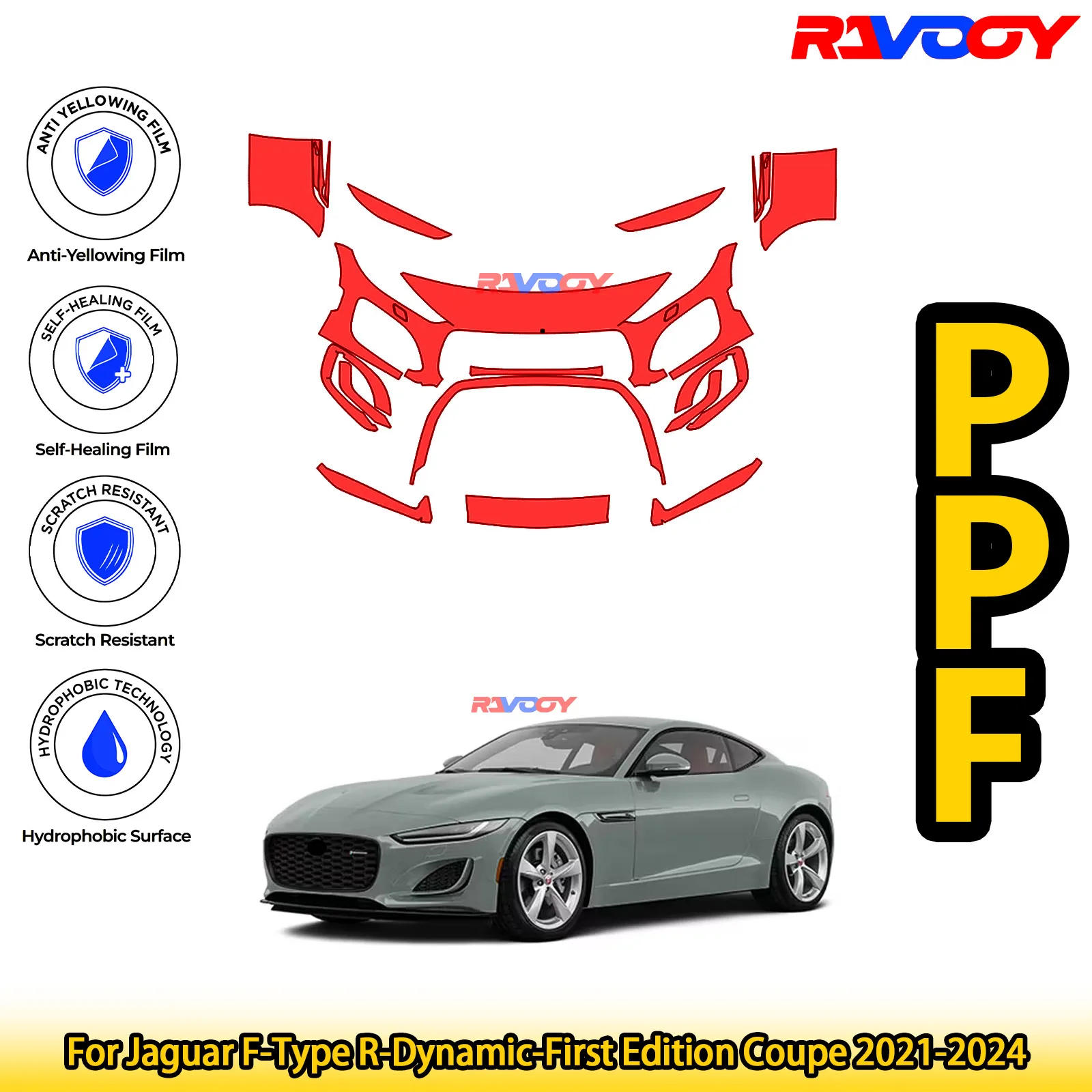 

Для Jaguar F-Type R-Dynamic-First Edition Coupe 2021-2024 глянцевый матовый черный предварительно вырезанный передний комплект PPF, защитная пленка для краски