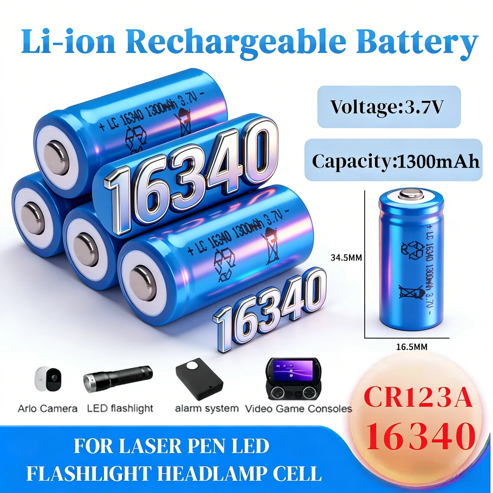 

16340 Rechargeable Battery 3.7V 1300mAh Li-ion, Replacement for CR123A for Flashlights, Laser Pointers & Cameras