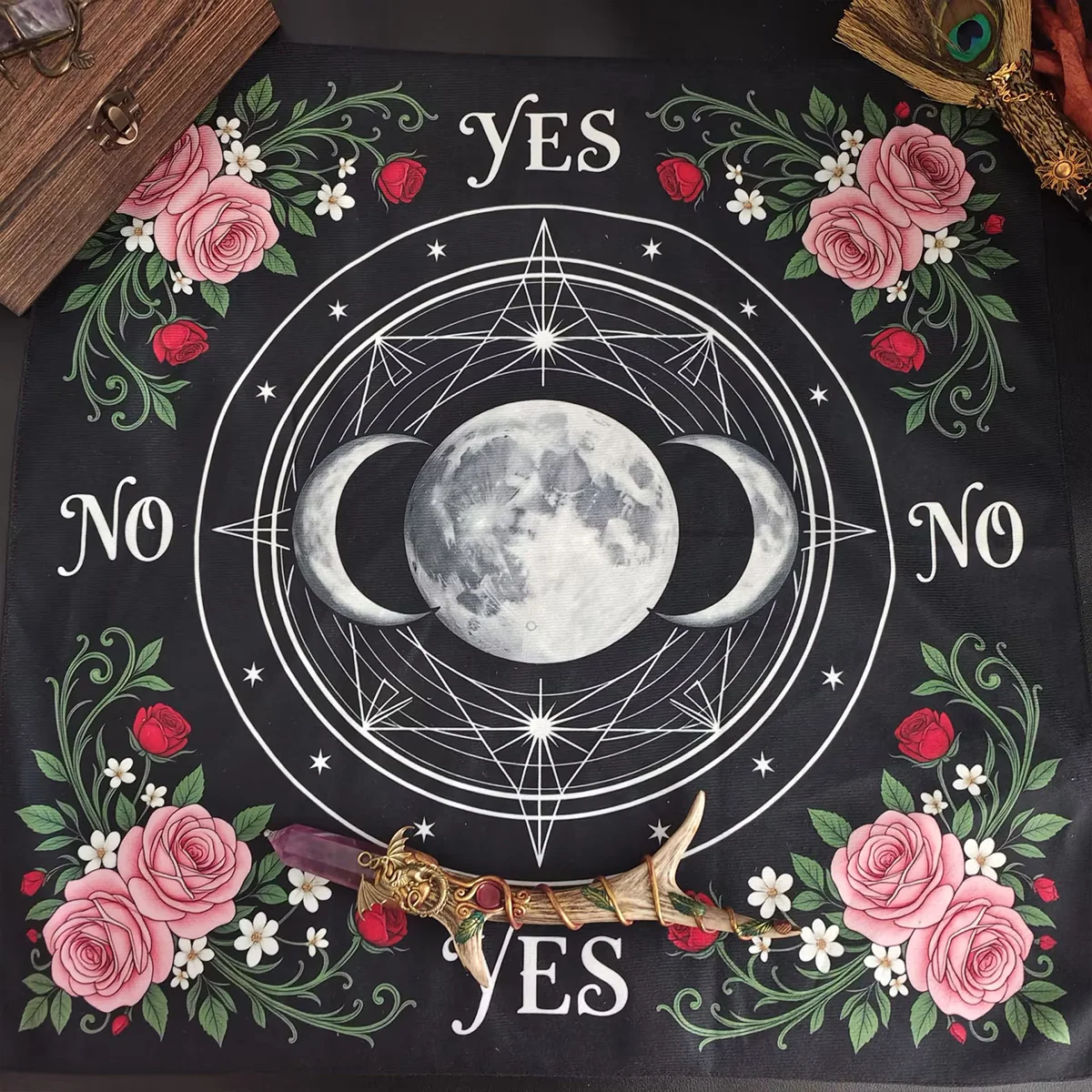 mystical Sun & Moon Rose Flower Tarot Card Tablecloth Astrological Divination Altar Cloth Card Game Mat Witchcraft Witchy Decor