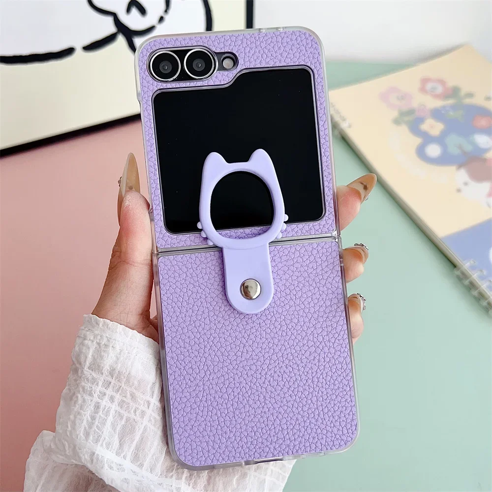Ring-Leder-Handyhülle für Samsung Galaxy Z Flip 6, 5, 4, 3, Flip6, Flip5, Flip4, Flip3, 5G, transparente Kanten-Schutzhülle