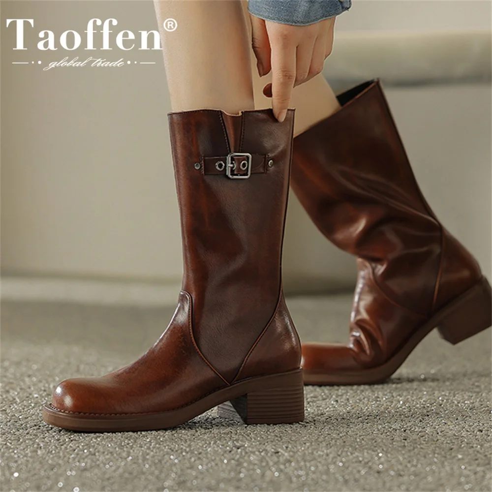 

Taoffen Genuine Leather Vintage Knight Boots Chunky Low Heels Pull on Mid Calf Boots Wide Old Color Motorcycle Boots 2023 Trend