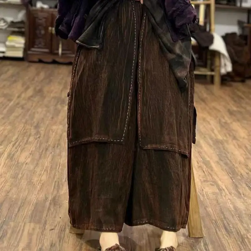 Spring Summer Arts Style Women Elastic Waist Loose Ankle-length Pants 100% Linen Bright Line Decoration Vintage Wide Leg Pants