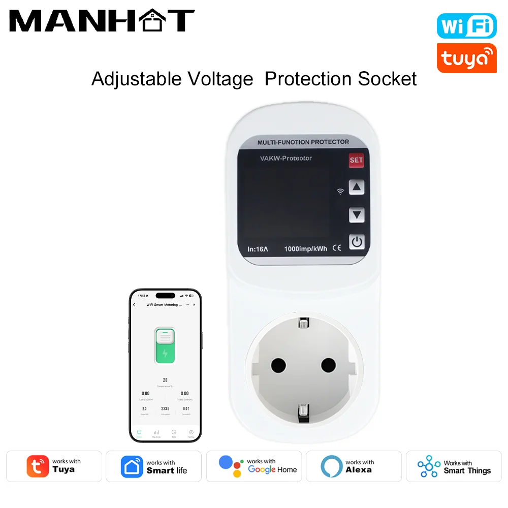 Manhot Tuya Smart WIFI Voltage Protector Socket 16A djustable Digital Display Over Current Over/Under Voltage Protection EU Plug