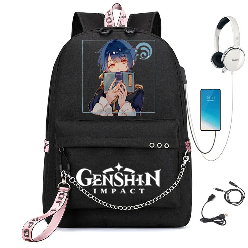 Childe Genshin Impact Anime USB Backpack School Book Bags Fans Travel Bags Laptop Chain Headphone