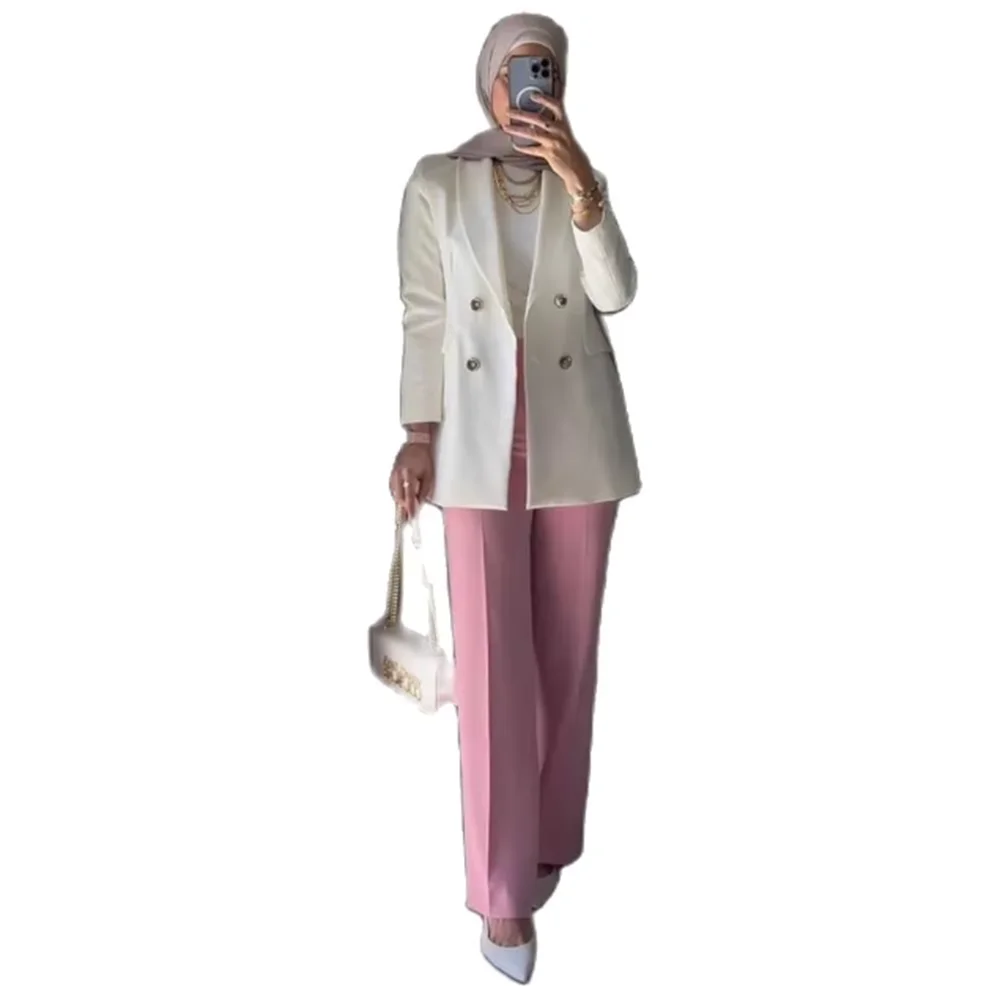 Fashion Chic Women's Suits Double Breasted White Jackets Pink Pants 2 Piece Female Clothing Slim Fit Office Lady Blazers Sets