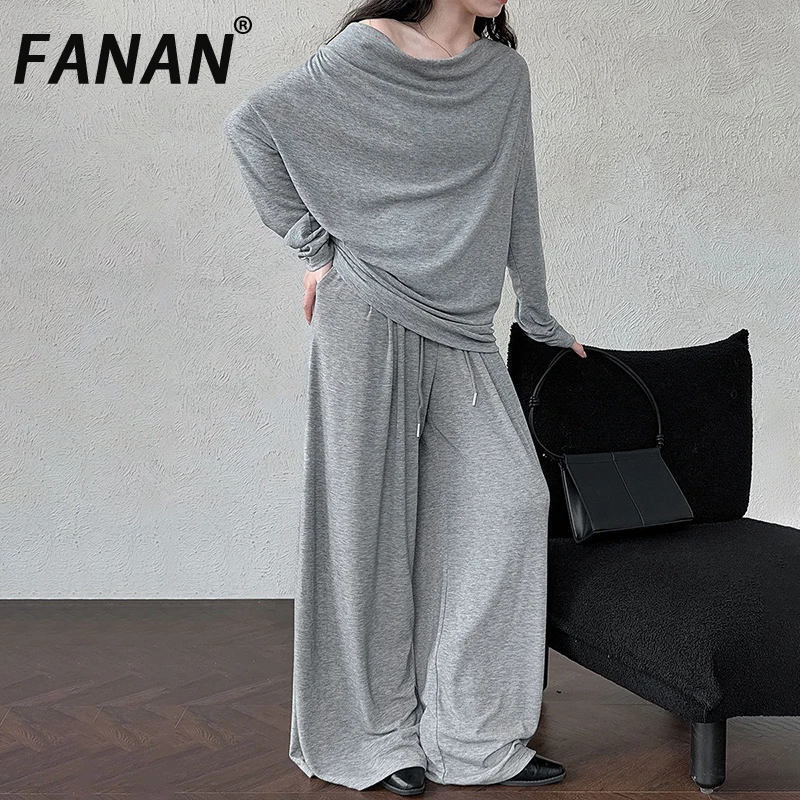 

FANAN Casual 2 Piece Set For Women Round Neck Long Sleeve Irregular Tops+elastic High Waist Wide Leg Pants 2025 Autumn New Suits