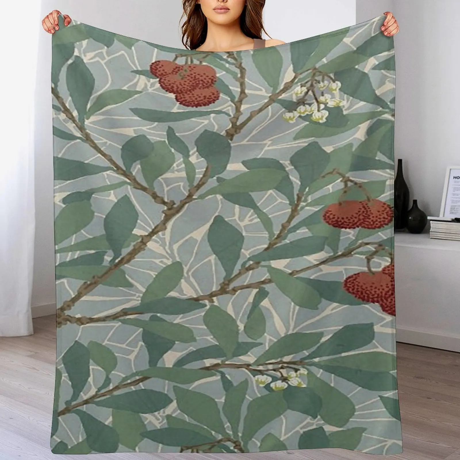 

William Morris Green And Red Arbutus Pattern-Vintage Botanical Leaves -Victorian Wallpaper, Throw Blanket