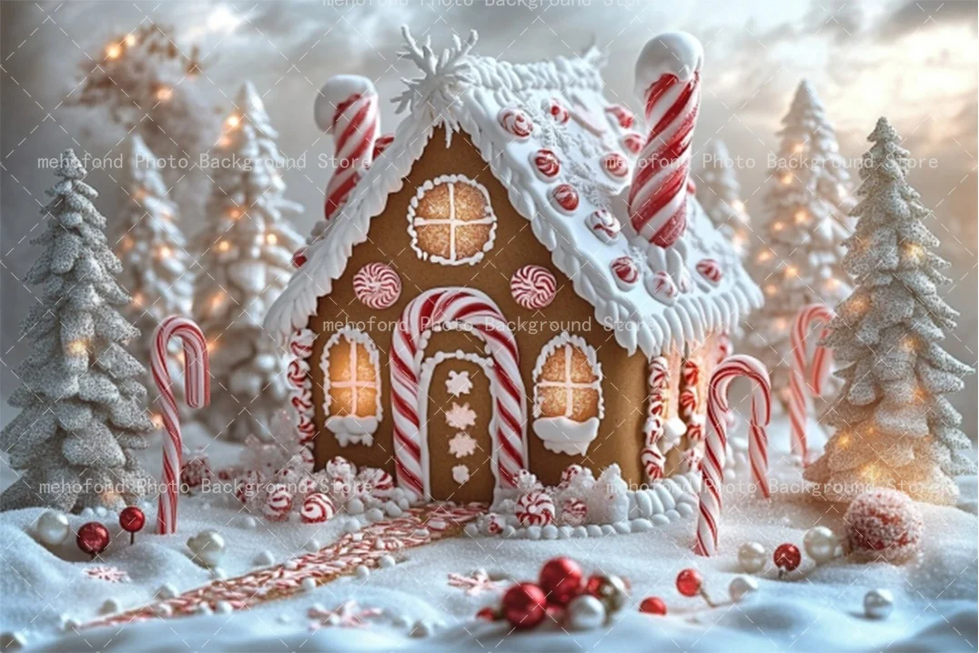 Fondo de fotografía Mehofond casa de jengibre de Navidad bastón de azúcar blanco caramelo rojo niños retrato familiar telón de fondo Decoración