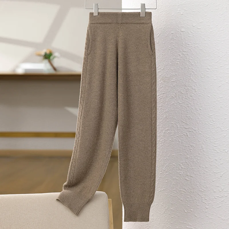 

Linen pattern slim-fit elastic 100% Merino wool pants new cashmere warehouse women's warm bottom knit pants for autumn andwinter